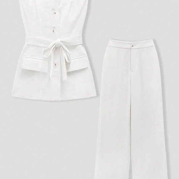 White Casual Women's Strapless Metal Button Top & Elastic Waist Pants Set - Picture 9 of 10